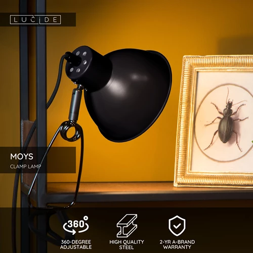 Lucide MOYS - Clamp lamp - 1xE27 - Black - USP